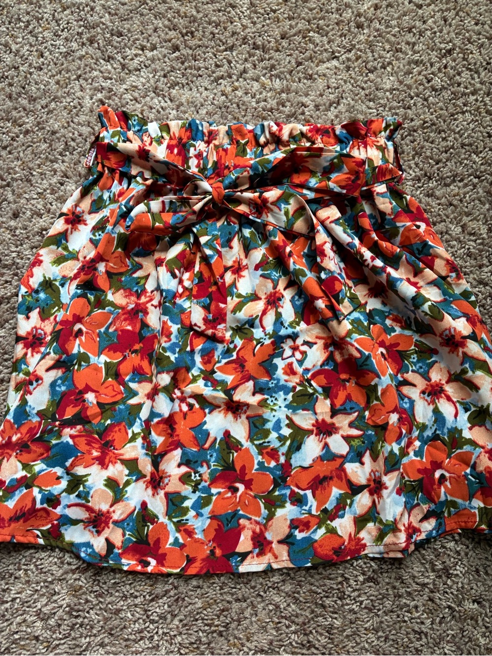 SHEIN Orange, Blue & Cream Floral Tie-Waist Mini Skirt